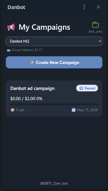 My Campaigns mini-app showing the group selector and a paused campaign